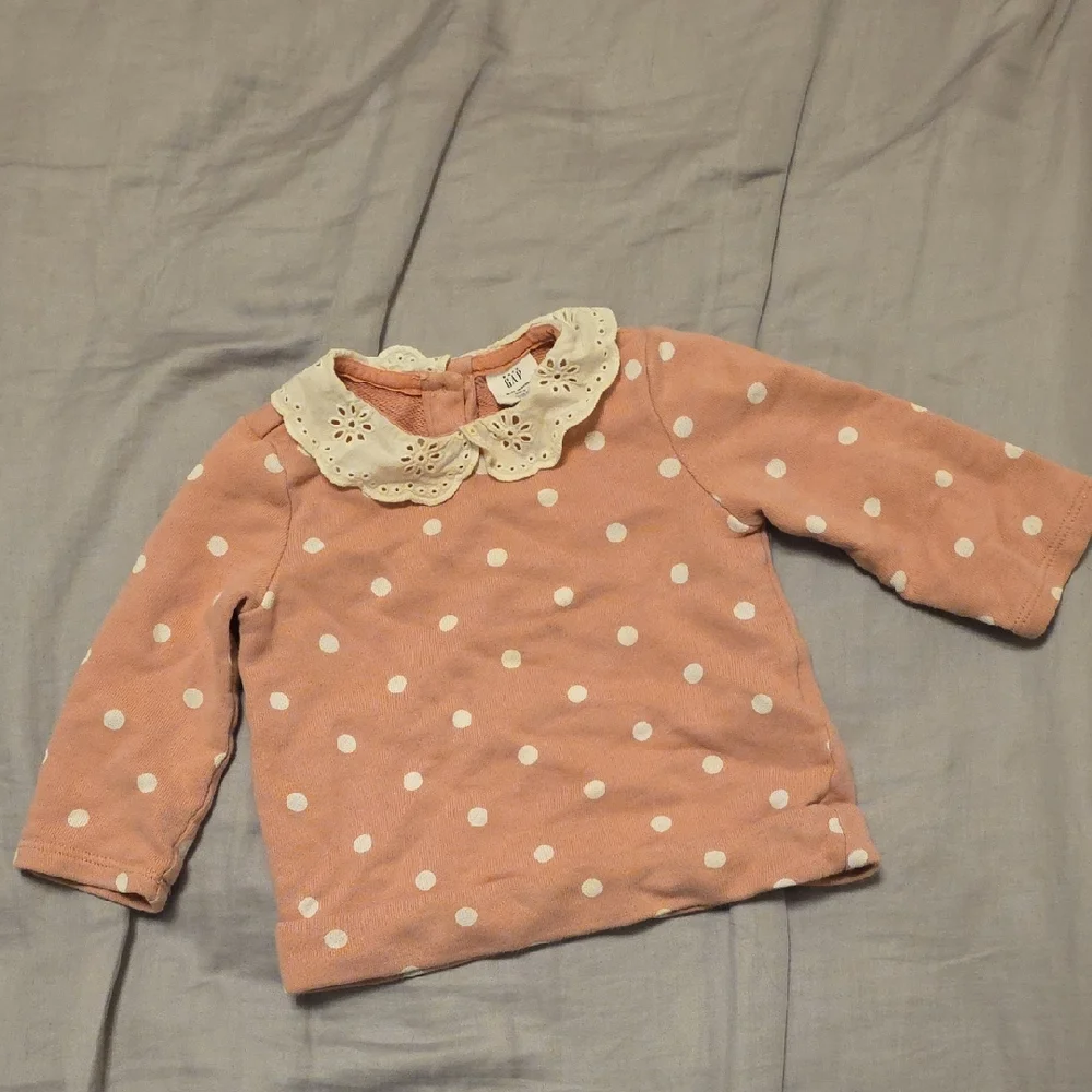 GAP Pink Kids Blouse with White Polka Dots and Lace Collar